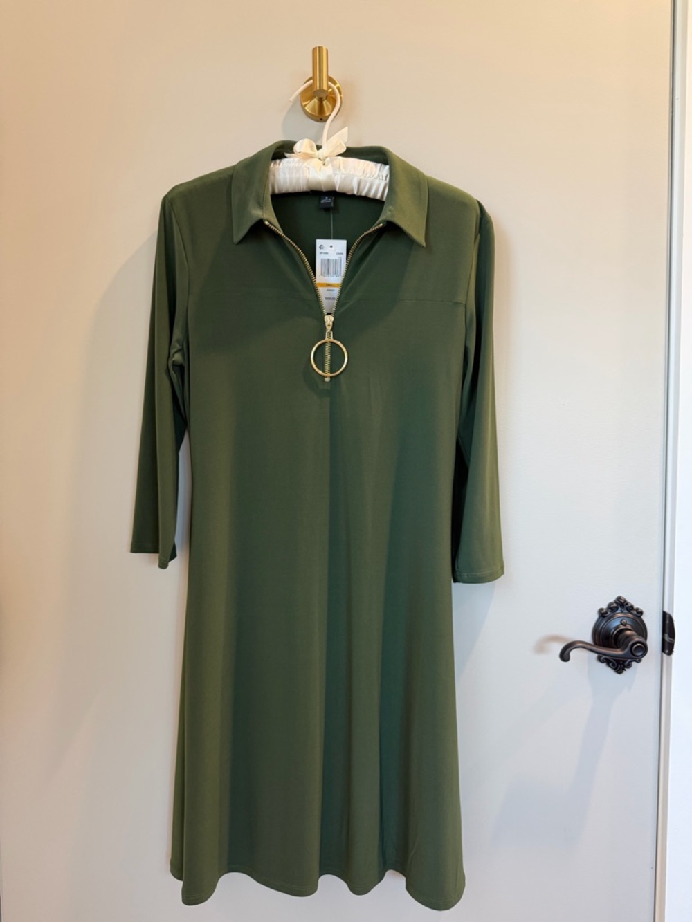 Olive Green Zip-Front Collar Dress